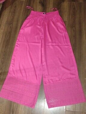 Bright Pink Wide-Leg Palazzo Pants with Lace Hem
